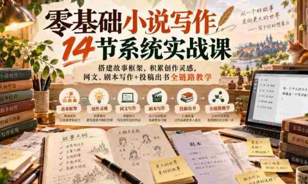 从零起步，14堂小说创作实战课程，构建故事骨架，激发创作潜能，涵盖网络文学与剧本创作，全程指导投稿与出版之路