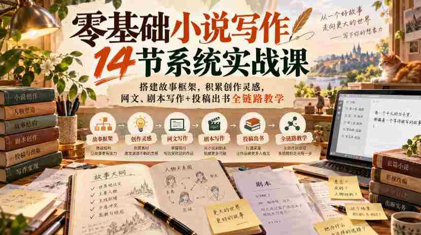从零起步，14堂小说创作实战课程，构建故事骨架，激发创作潜能，涵盖网络文学与剧本创作，全程指导投稿与出版之路