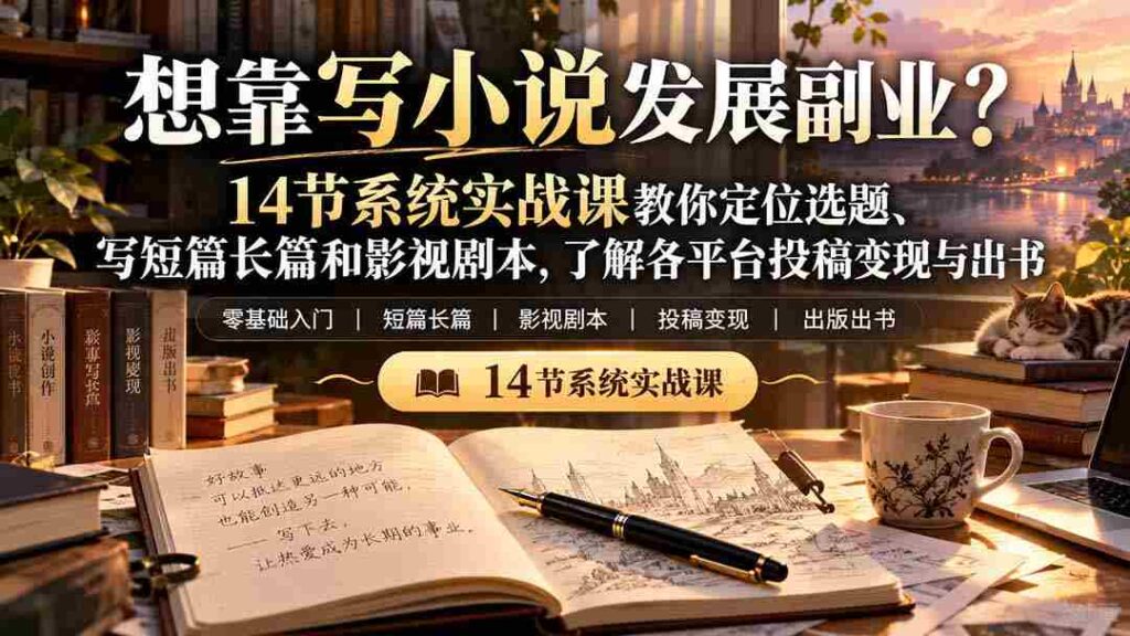 零水印秘籍】小说副业梦想成真！14堂实战课程助你精准选题，短篇长篇一网打尽，影视剧本轻松上手，揭秘平台投稿变现与出版之道