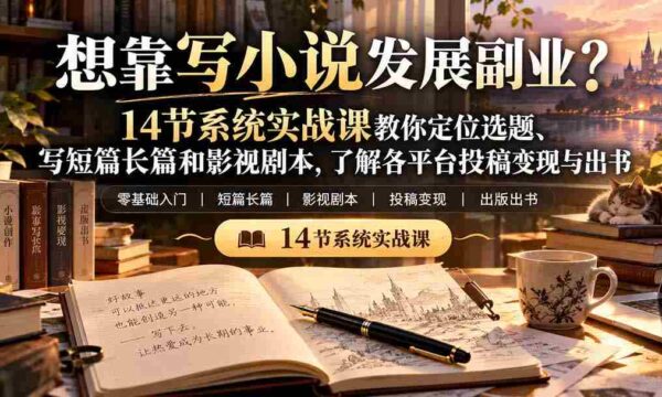 零水印秘籍】小说副业梦想成真！14堂实战课程助你精准选题，短篇长篇一网打尽，影视剧本轻松上手，揭秘平台投稿变现与出版之道