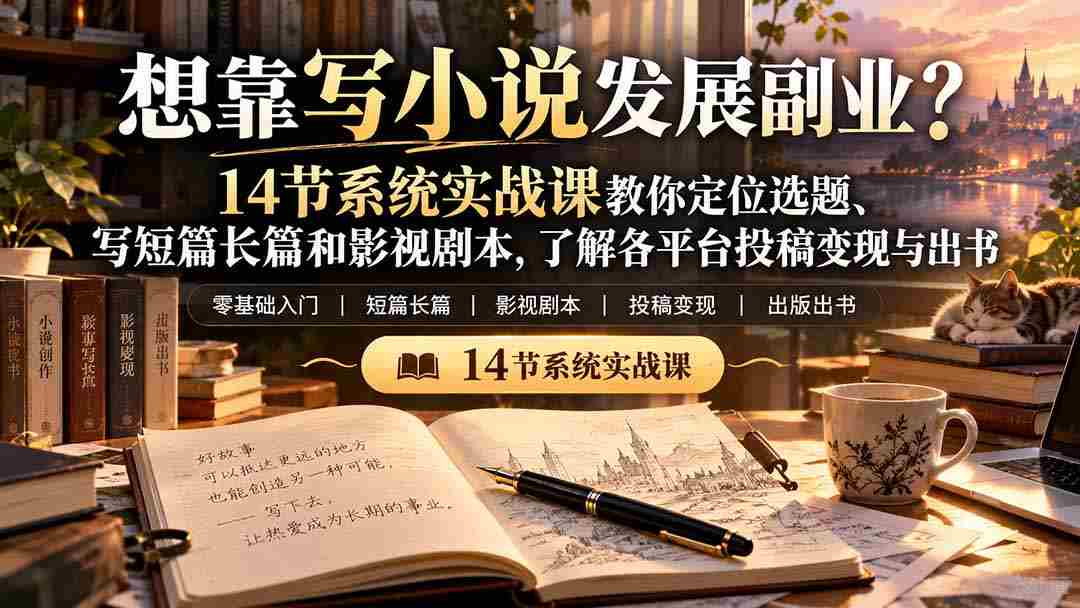 零水印秘籍】小说副业梦想成真！14堂实战课程助你精准选题，短篇长篇一网打尽，影视剧本轻松上手，揭秘平台投稿变现与出版之道
