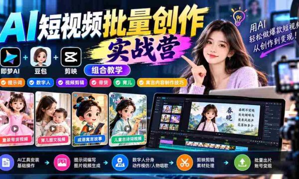 零水印】AI短视频制作大师班：梦工厂+豆包创意+剪映三合一，解锁提示词、数字人、剪辑、带货、育儿、寓言全攻略