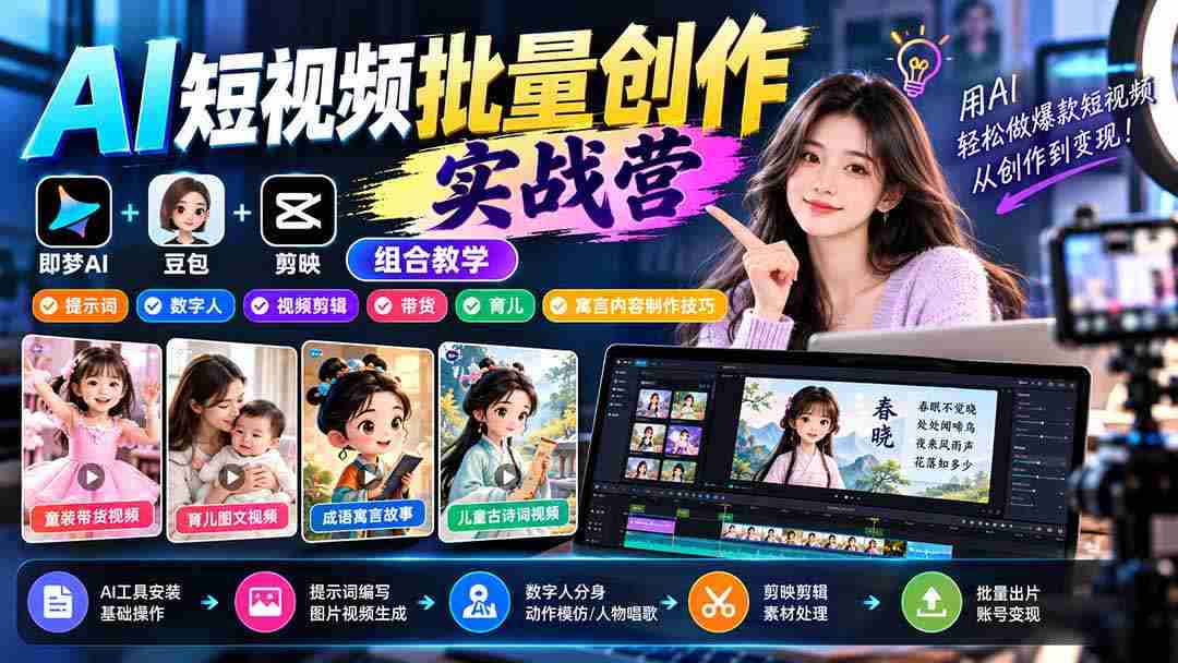 零水印】AI短视频制作大师班：梦工厂+豆包创意+剪映三合一，解锁提示词、数字人、剪辑、带货、育儿、寓言全攻略