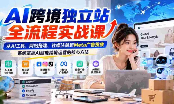 AI跨境独立站全流程实战课：从AI工具、网站搭建、社媒注册到Meta广告投放，系统掌握AI赋能跨境运营的核心方法