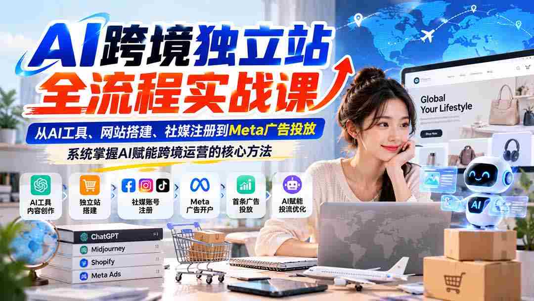 AI跨境独立站全流程实战课：从AI工具、网站搭建、社媒注册到Meta广告投放，系统掌握AI赋能跨境运营的核心方法