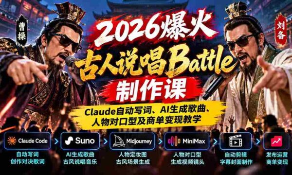 2026年热门古人说唱对决课程：Claude智能写词、AI打造音乐、对口型技巧与商业合作盈利指导
