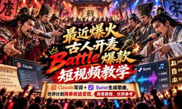 最新爆款短视频教学：古人开麦Battle，Claude创作歌词+Suno打造音乐，伙伴计划签约收徒，轻松变现，简易攻略分享