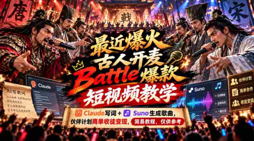 最新爆款短视频教学：古人开麦Battle，Claude创作歌词+Suno打造音乐，伙伴计划签约收徒，轻松变现，简易攻略分享