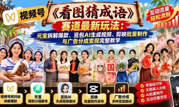 图语探秘：揭秘视频号“成语解码”新趋势，元宝拆解技巧、豆包AI制视频、剪映批量剪辑与广告盈利指南