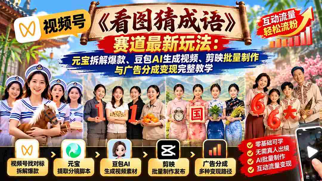 图语探秘：揭秘视频号“成语解码”新趋势，元宝拆解技巧、豆包AI制视频、剪映批量剪辑与广告盈利指南