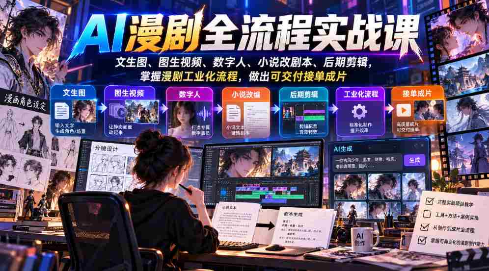 解锁AI漫剧制作全攻略：从文字到视频，数字人打造，剧本改编，后期剪辑，精通漫剧工业链，轻松接单出品