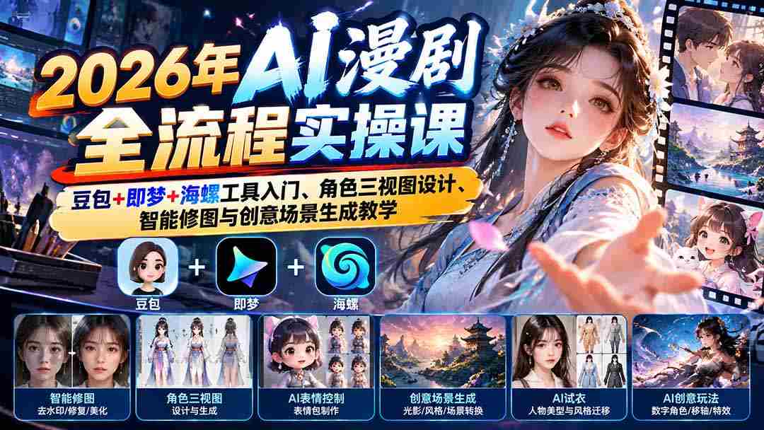 2026年度AI动画制作全方位实战教程：深度解析豆包、即梦、海螺工具，掌握角色三维设计、智能图像处理及创意场景构建技巧