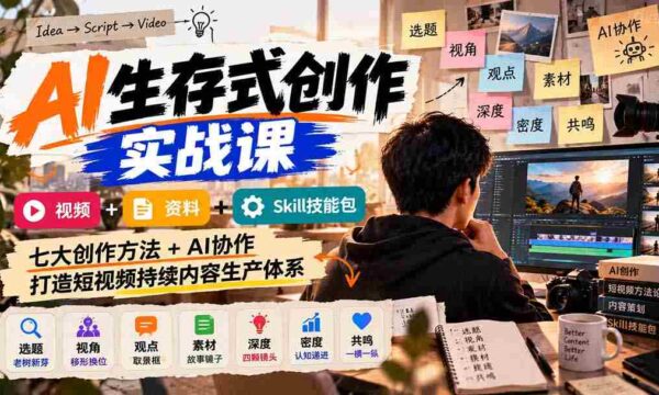 短视频内容生产攻略：AI赋能实战教学，七大创作秘籍+技能套餐，视频+资料+协作技巧，构建高效持续创作生态