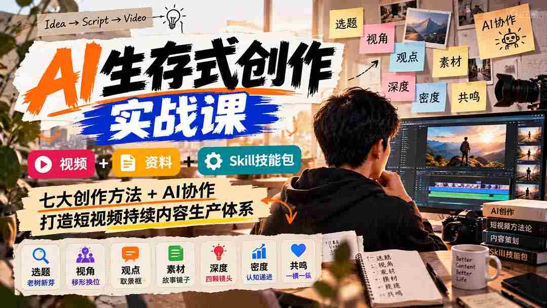 短视频内容生产攻略：AI赋能实战教学，七大创作秘籍+技能套餐，视频+资料+协作技巧，构建高效持续创作生态