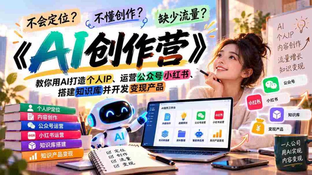 迷失方向？缺乏灵感？流量难觅？《AI创作营》助你学会AI技术，塑造个人品牌，玩转公众号小红书，构建知识体系，实现产品盈利
