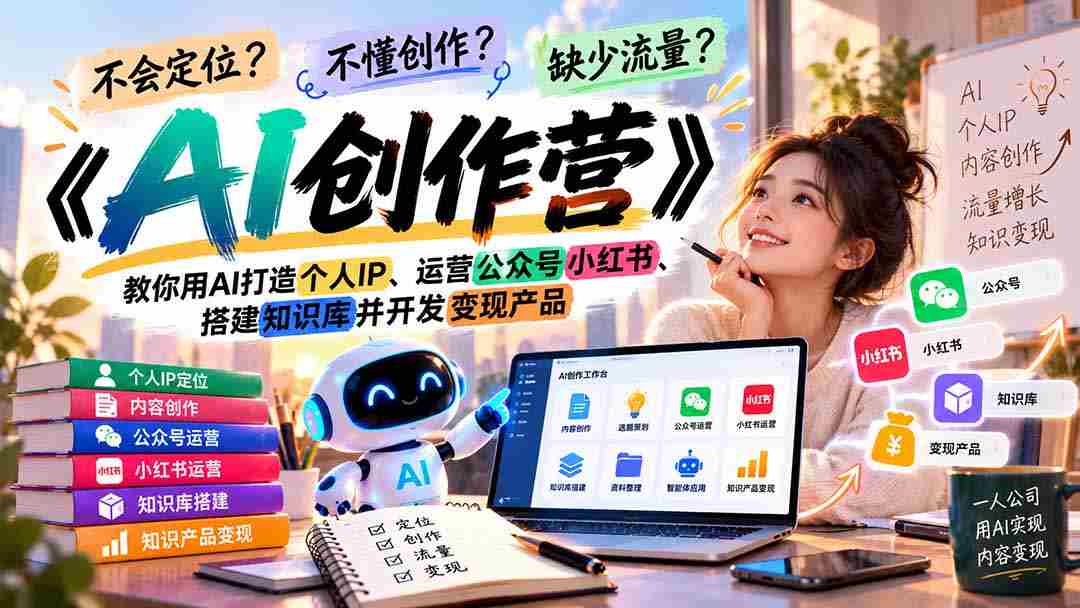 迷失方向？缺乏灵感？流量难觅？《AI创作营》助你学会AI技术，塑造个人品牌，玩转公众号小红书，构建知识体系，实现产品盈利