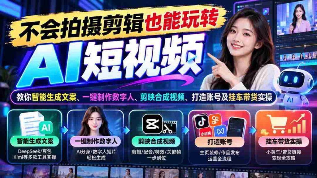 轻松驾驭AI短视频制作：无需剪辑技巧，教你智能创作文案、轻松制作数字形象、一键合成视频，学会账号运营和带货技巧