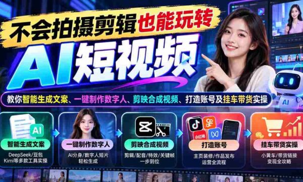 轻松驾驭AI短视频制作：无需剪辑技巧，教你智能创作文案、轻松制作数字形象、一键合成视频，学会账号运营和带货技巧