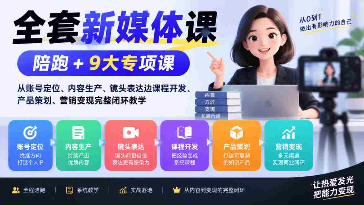全套新媒体课｜陪跑+9大专项课，从账号定位、内容生产、镜头表达到课程开发、产品策划、营销变现完整闭环教学