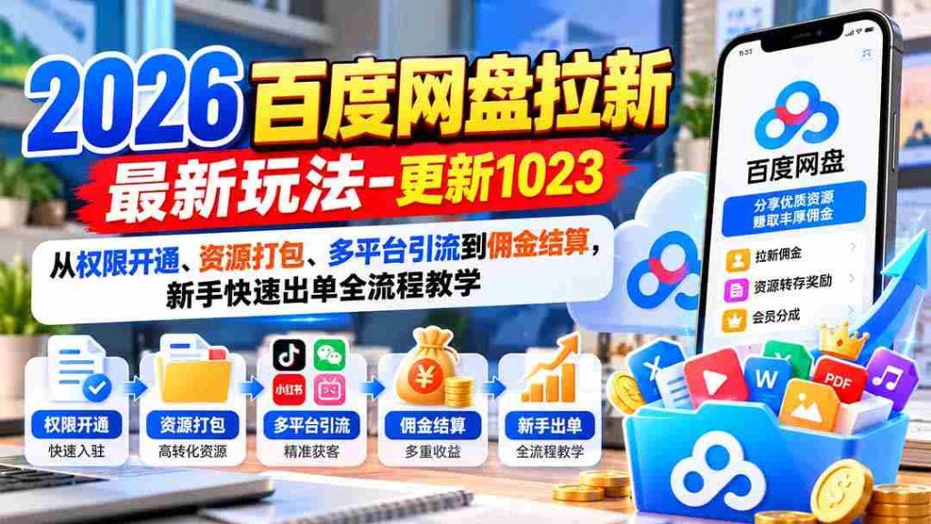 2026百度网盘拉新最新玩法-更新1023：从权限开通、资源打包、多平台引流到佣金结算，新手快速出单全流程教学