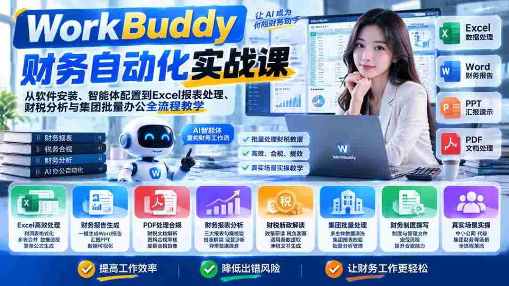 WorkBuddy财务自动化攻略：涵盖软件部署、智能体定制、Excel报表制作、财税深度解析及集团办公批量操作全程指导
