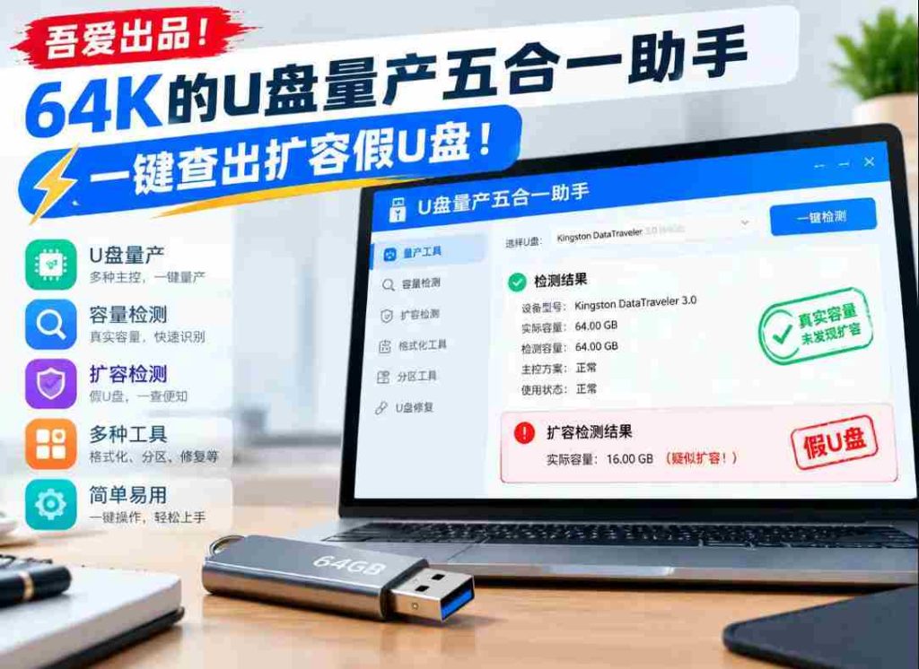 独家发布！64K容量U盘批量生产，五合一检测助手，轻松识别扩容假货！