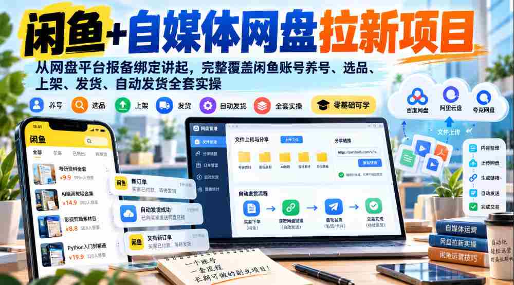 揭秘闲鱼自媒体网盘新项目：网盘平台注册绑定攻略，全方位解析账号运营、选品上架、自动发货实操技巧