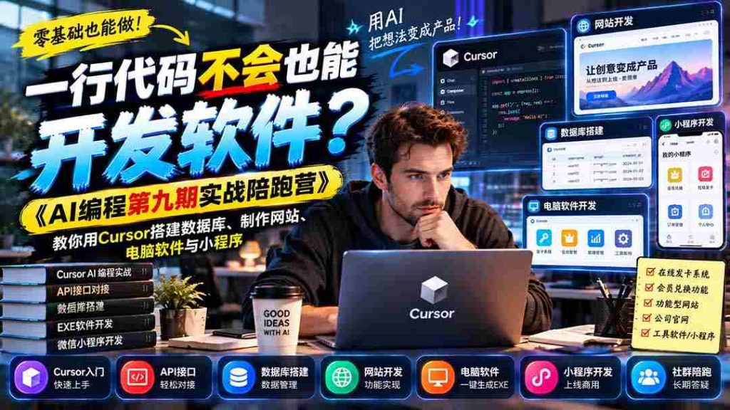 只需一招，编程小白也能轻松打造软件！《AI编程实战营第九季》带你轻松用Cursor构建数据库、网站、电脑应用和小程序