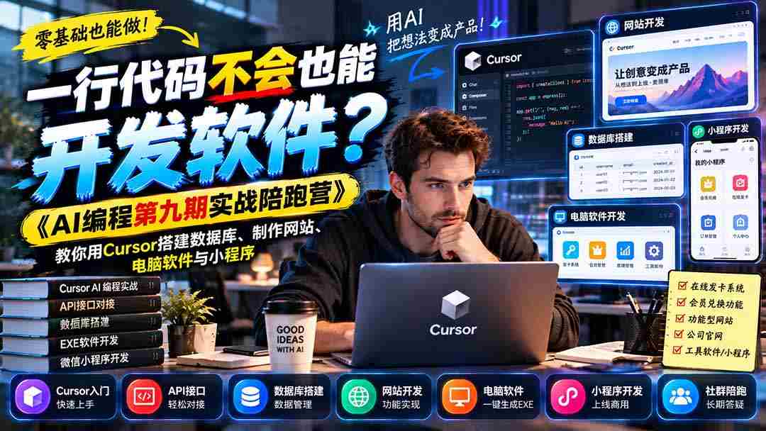 只需一招，编程小白也能轻松打造软件！《AI编程实战营第九季》带你轻松用Cursor构建数据库、网站、电脑应用和小程序