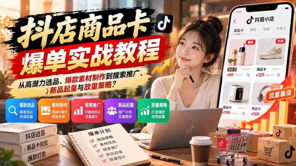 抖店商品卡爆单实战教程：从高潜力选品、爆款素材制作到搜索推广、新品起量与放量策略