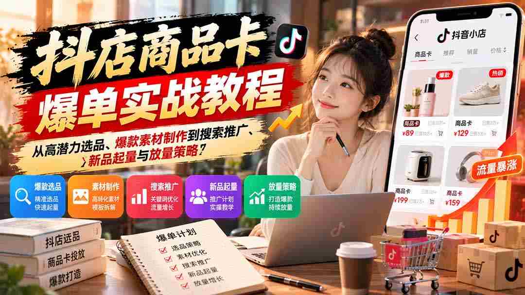 抖店商品卡爆单实战教程：从高潜力选品、爆款素材制作到搜索推广、新品起量与放量策略