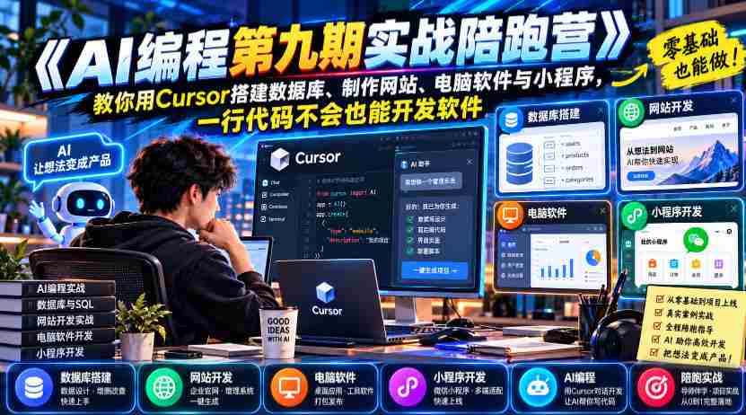 【无水印】《AI编程第九期实战陪跑营》教你用Cursor搭建数据库、制作网站、电脑软件与小程序，一行代码不会也能开发软件