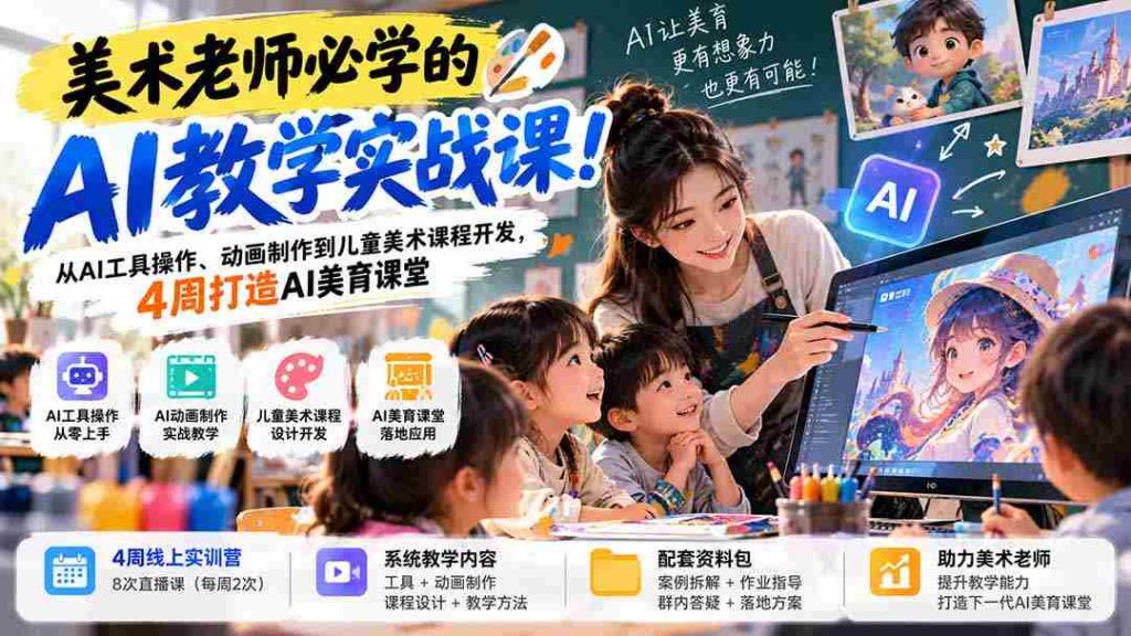 探索AI赋能美术教育：美术教师必备实战课程，涵盖AI应用与动画，四周打造互动美育课堂