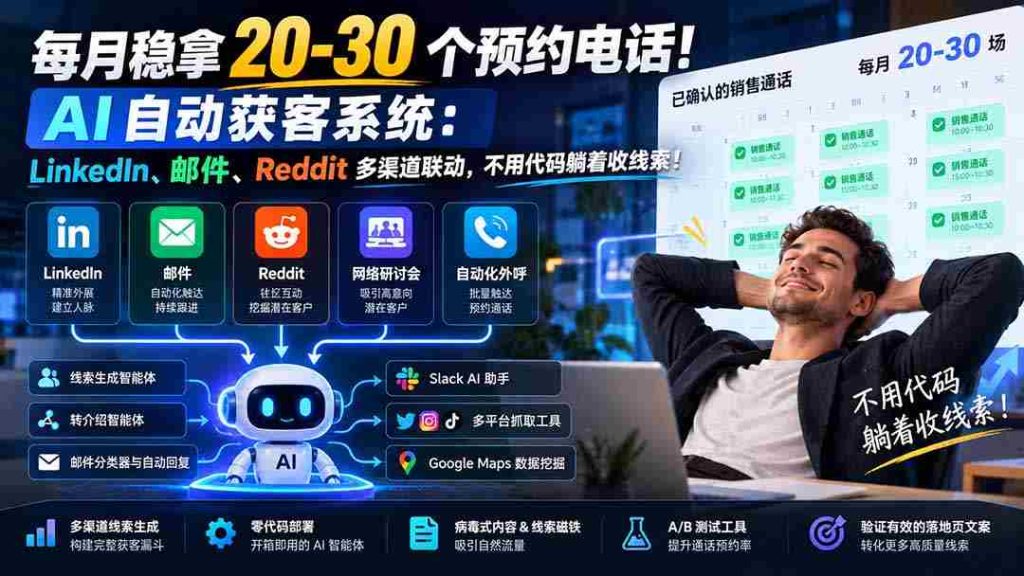 轻松月获20-30预约电话！AI智能获客神器：LinkedIn、邮件、Reddit多平台无缝对接，无需编程，轻松躺赢线索！