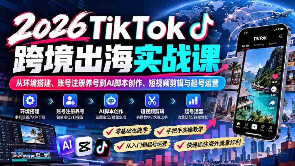 2026年TikTok国际市场攻略班：全方位教学，从搭建环境到AI脚本、短视频制作与账号运营技巧
