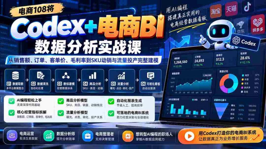 Codex+电商BI数据分析实战课-更新1026：从销售额、订单、客单价、毛利率到SKU动销与流量投产完整建模