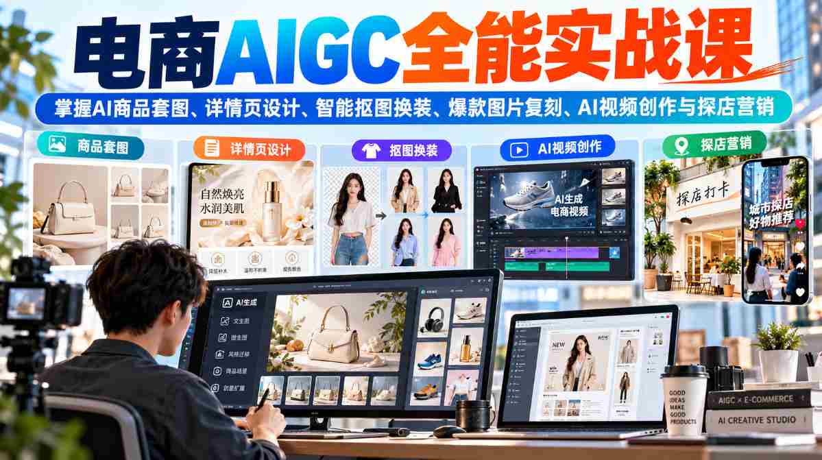 电商AIGC全能实战课：掌握AI商品套图、详情页设计、智能抠图换装、爆款图片复刻、AI视频创作与探店营销