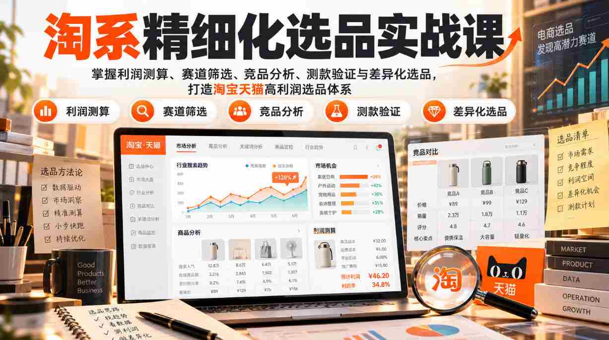 货架电商精细化选品实战课：掌握利润测算、赛道筛选、竞品分析、测款验证与差异化选品，打造淘宝天猫高利润选品体系