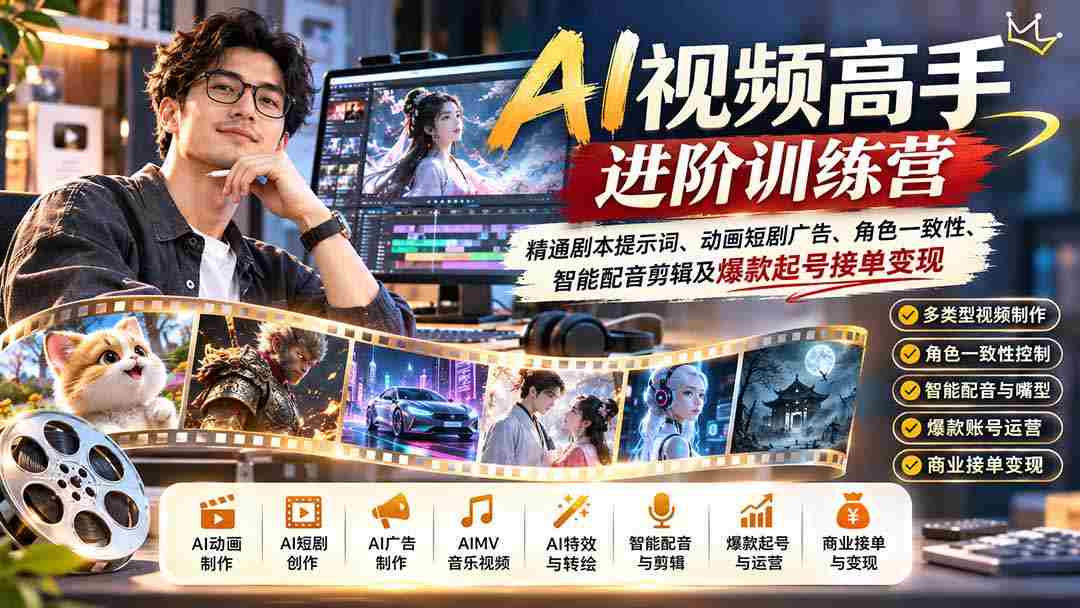 AI视频达人提升班：掌握剧本关键词、动画广告制作、角色保持、智能配音剪辑与爆款账号运营盈利