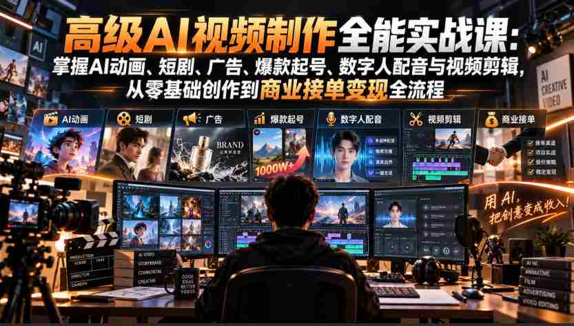 全方位AI视频制作大师班：解锁动画、微剧、宣传片制作技巧，零起点打造爆款，精通数字人配音与剪辑，实现商业创作与盈利全攻略