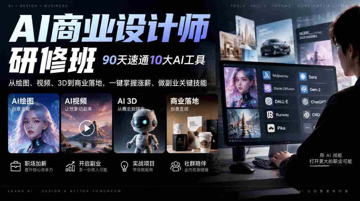 AI商业设计师研修班，90天速通10大AI工具，从绘图、视频、3D到商业落地，一键掌握涨薪、做副业关键技能