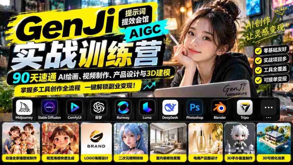 90天高效掌握AI绘画、视频剪辑、产品设计和3D建模，GenJi AIGC实战训练营助你精通多工具创作技巧