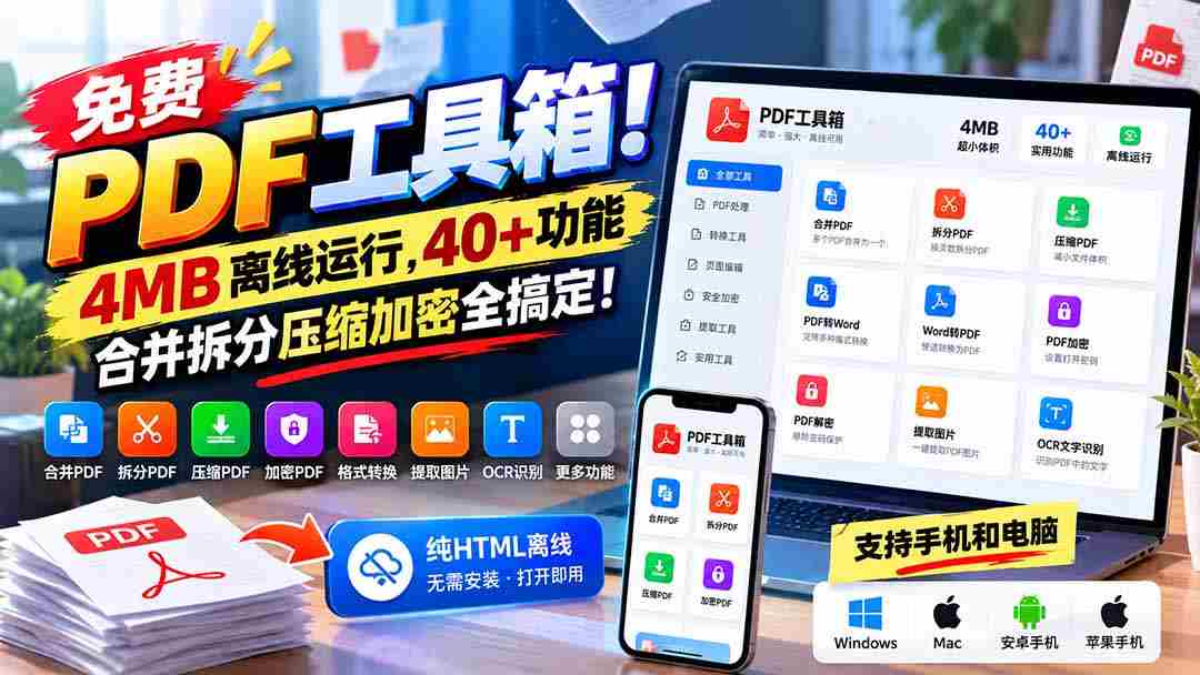 免费PDF神器！仅需4MB空间，40余项强大功能，轻松合并、拆分、压缩、加密，一应俱全！
