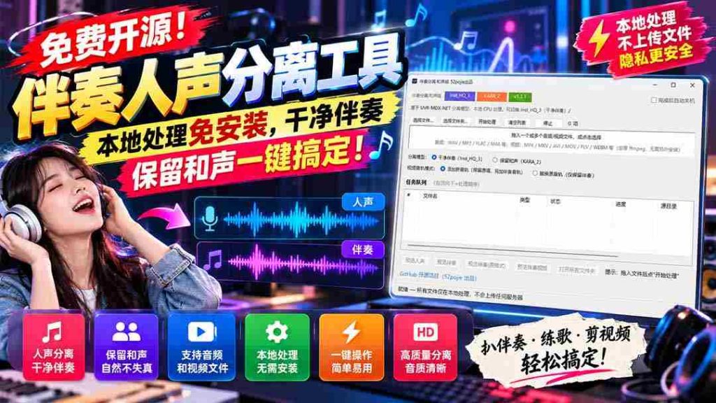 独家放送！人声伴奏轻松分离，无需安装即享本地操作，纯净伴奏即刻呈现，一键保留和谐旋律！