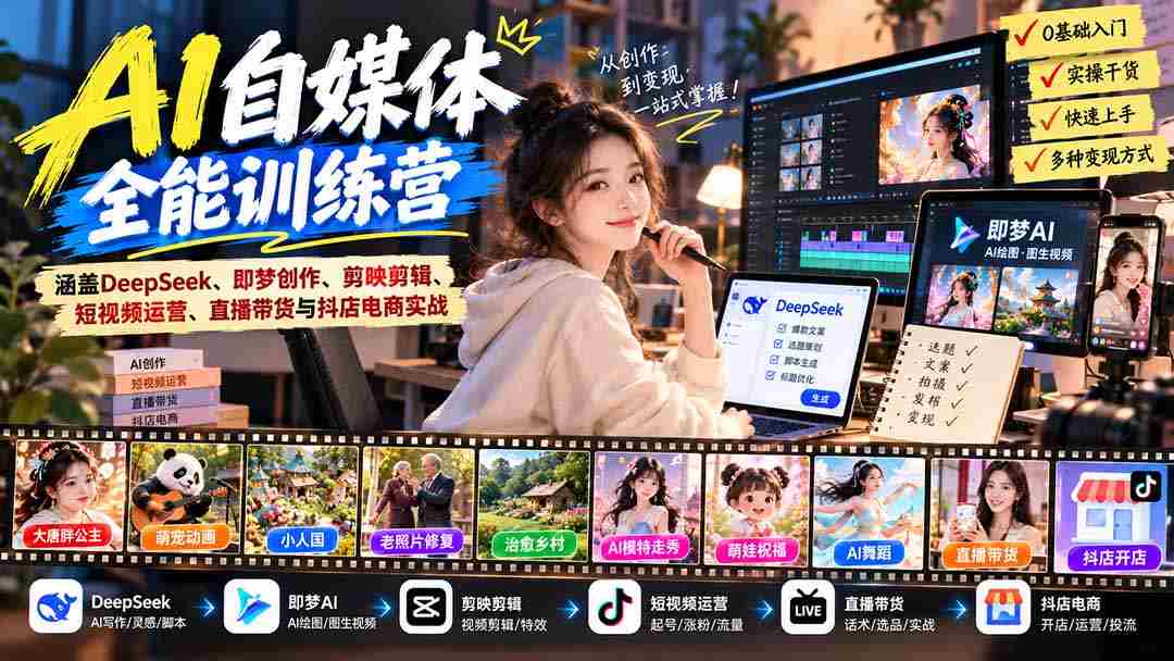深度解锁】AI赋能自媒体大师班：深度学习DeepSeek、梦境创作、剪辑高手剪映、短视频营销、直播带货与抖店电商实操指南