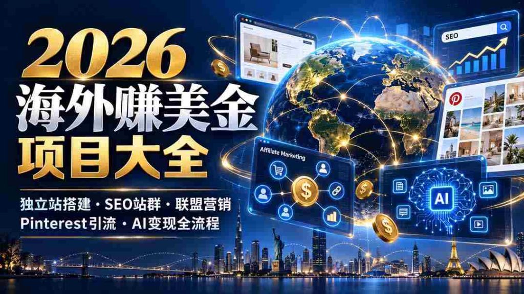 2026全球赚美元攻略：自主搭建独立平台、SEO矩阵布局、联盟推广、Pinterst精准引流及AI智能转化一网打尽