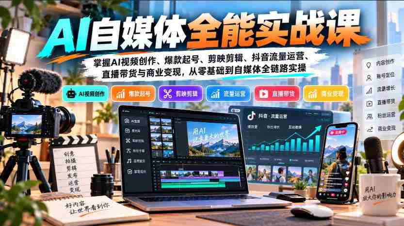 【无水印】AI自媒体全能实战课，掌握AI视频创作、爆款起号、剪映剪辑、抖音流量运营、直播带货与商业变现，从零基础到自媒体全链路实操