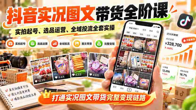抖音图文带货实战教程：从零开始，实操学习实况图文起号、选品与运营，全方位掌握全域投放技巧，解锁图文带货全链路盈利之道