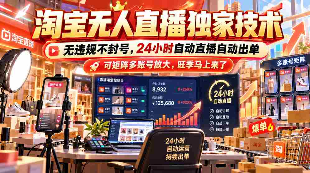 独家揭秘：淘宝无人直播技术大放异彩，零违规风险封号无忧，全天候自动开播自动成交，矩阵式多账号同步放大效益，旺季商机即将到来！