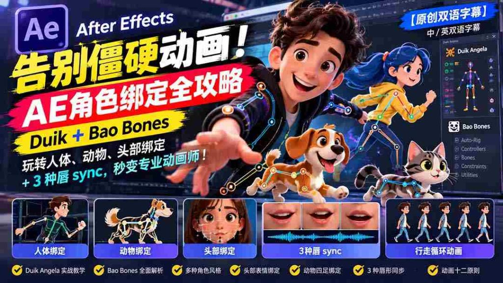 零水印】轻松驾驭流畅动画！掌握AE角色绑定精髓：Duik与Bao Bones技巧，人体、动物、头部绑定一网打尽，唇部同步3招速成动画达人